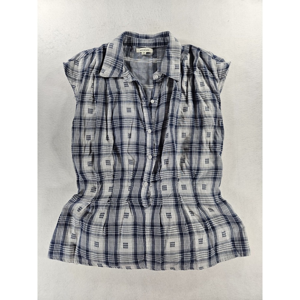 Max Studio Textured Plaid Blouse M Blue White Cotton Gauze Pleated Cinched Waist